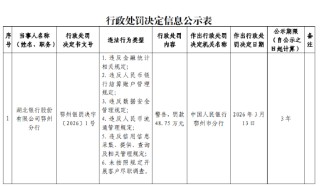 湖北银行鄂州分行被罚48.75万元：违反数据安全管理规定等