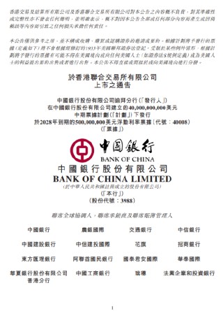 中国银行迪拜分行5亿美元浮动利率票据在港交所上市