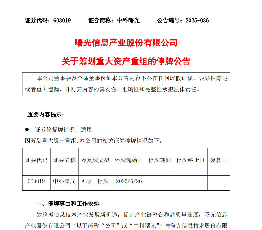 新规后首单!688041、603019,拟合并重组 第2张 新规后首单!688041、603019,拟合并重组 第2张