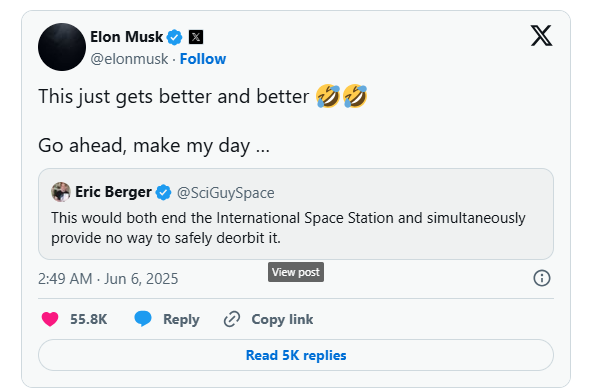 要玩就玩大的?马斯克回击特朗普:SpaceX“龙”飞船将立即退役! 第1张 要玩就玩大的?马斯克回击特朗普:SpaceX“龙”飞船将立即退役! 第1张