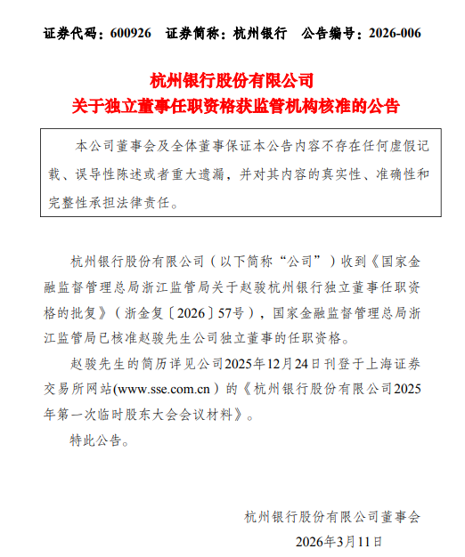 杭州银行：独立董事赵骏任职资格获监管核准  第1张